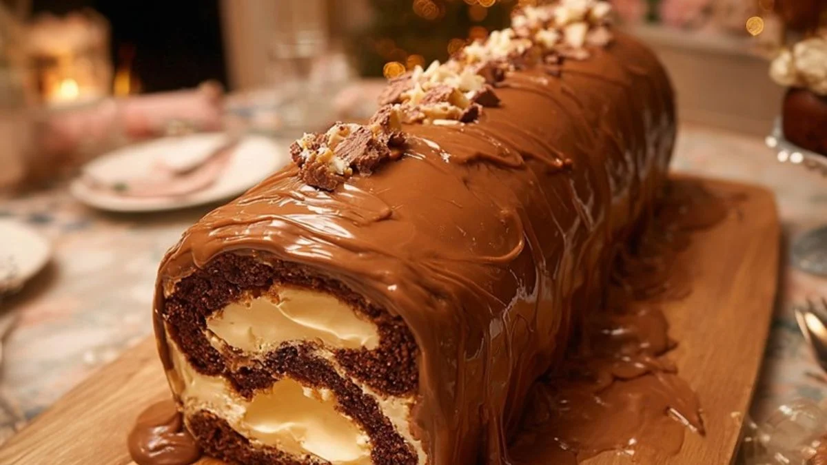 Chocolate Cream Roll Cake 2 A decadent slice of Chocolate Cream Roll Cake with creamy filling and fresh raspberries.