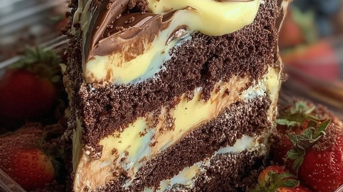 Chocolate Custard Layer Cake 2 A decadent three-layer Chocolate Custard Layer Cake with glossy ganache and fresh raspberries on a rustic wooden table.