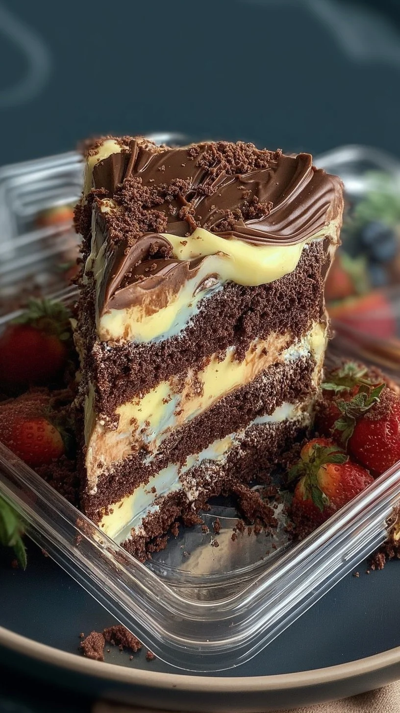 Decadent chocolate custard layer cake ready to serve. Three-layer chocolate custard cake with glossy ganache, raspberries, and mint on a wooden table