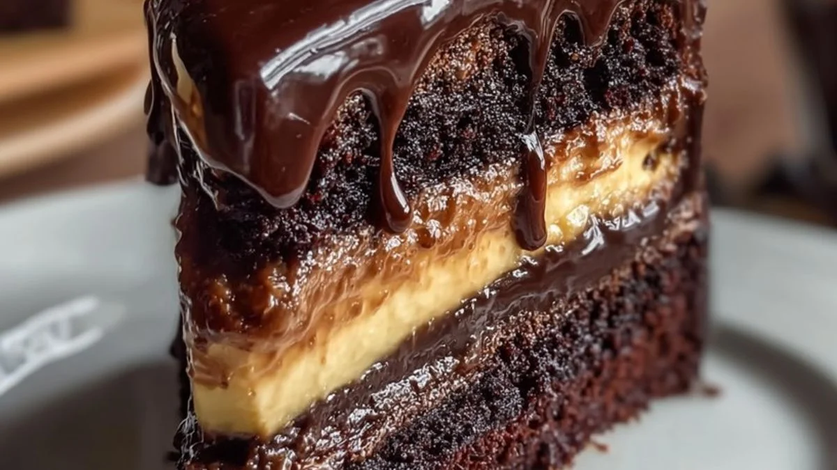 Chocolate Custard Layer Cake 2 Slice of Chocolate Custard Layer Cake showing creamy custard filling between moist chocolate sponge layers