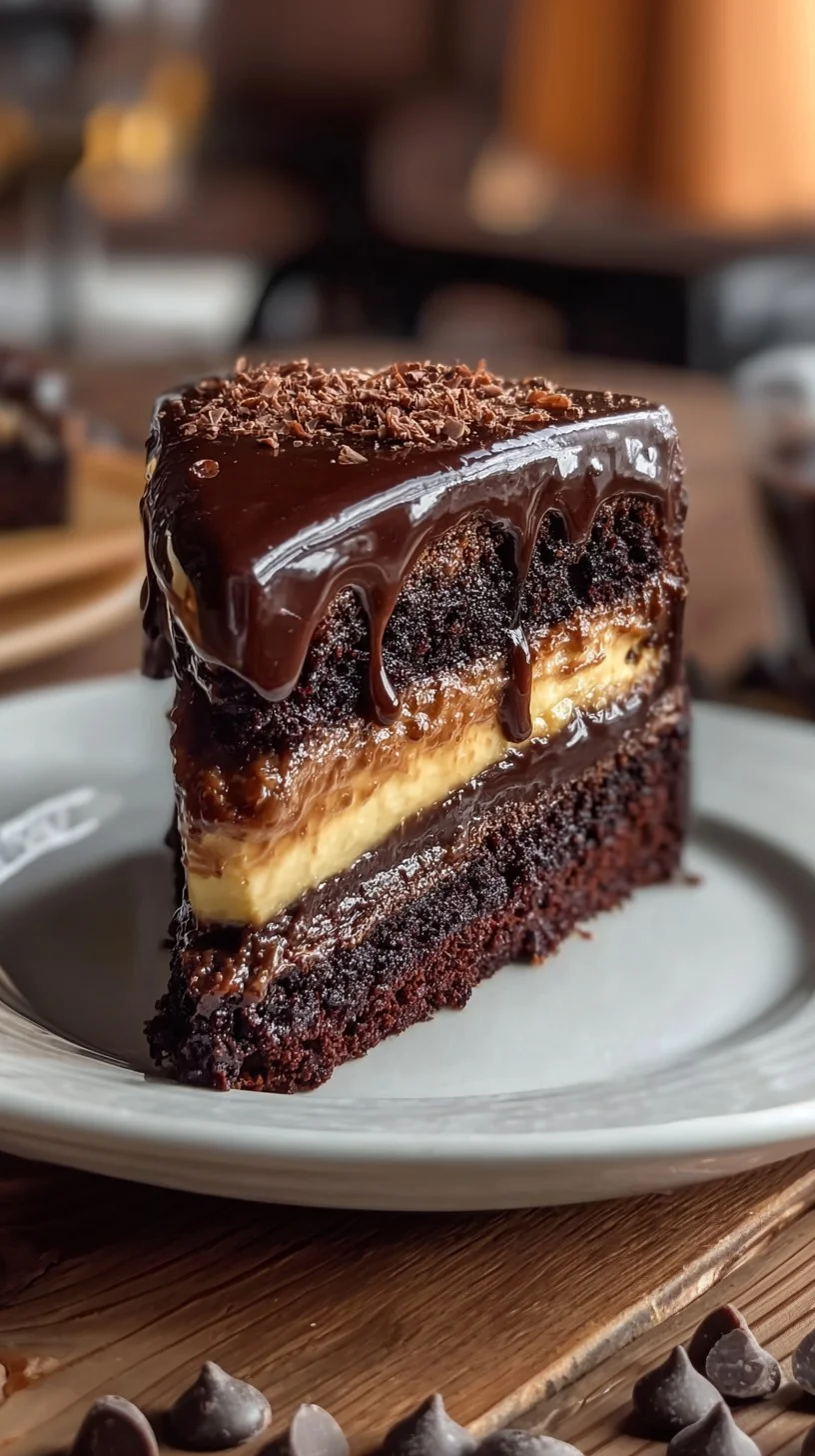 A decadent chocolate custard layer cake ready to be sliced. Chocolate layer cake with creamy custard filling and glossy ganache topping.