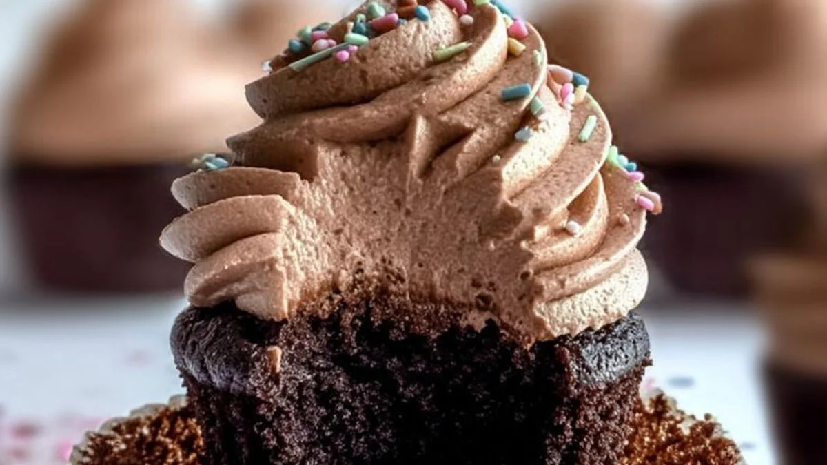 Chocolate Fudge Cupcakes 2 Close-up of moist chocolate fudge cupcakes topped with glossy fudge frosting and dark chocolate shavings.