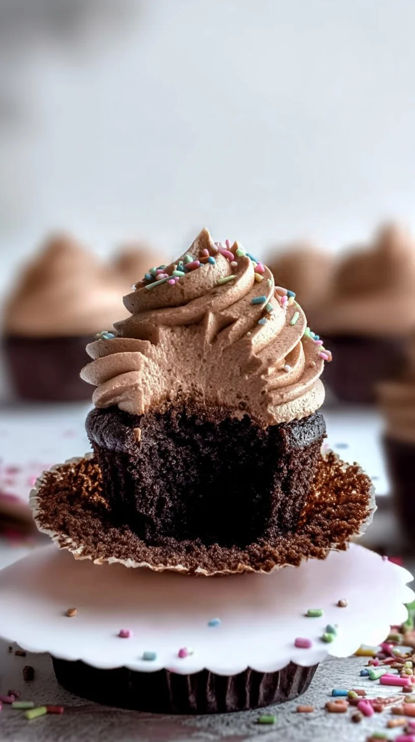 Decadent chocolate fudge cupcakes topped with rich chocolate frosting. Rich chocolate fudge cupcakes with swirled dark chocolate frosting and chocolate shavings on a wooden cake stand.