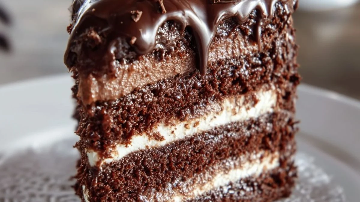 A slice of Chocolate Fudge Layer Cake with Vanilla Cream Filling on a white plate, garnished with chocolate shavings and a vanilla bean.