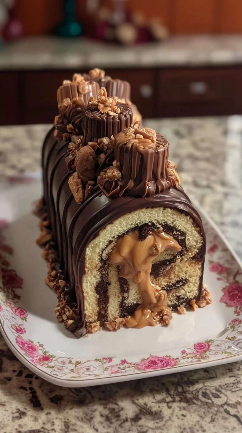 Chocolate hazelnut caramel Swiss roll with creamy filling, caramel drizzle, and chopped toasted hazelnuts.