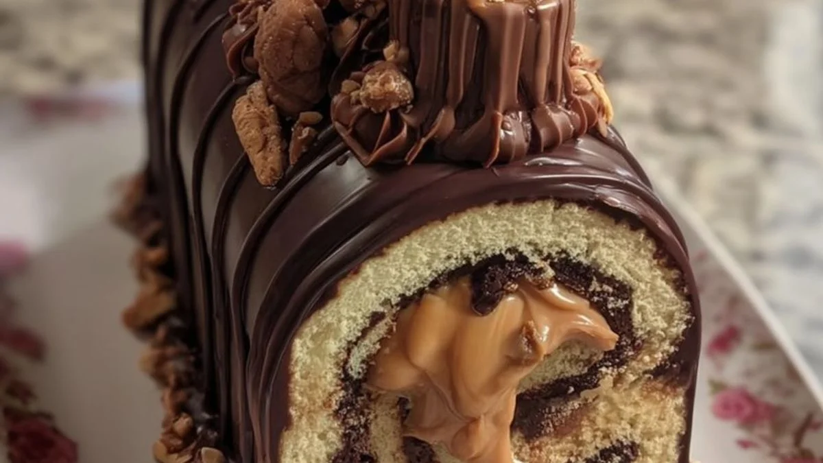 Decadent Chocolate Hazelnut Caramel Swiss Roll with creamy hazelnut filling and caramel drizzle