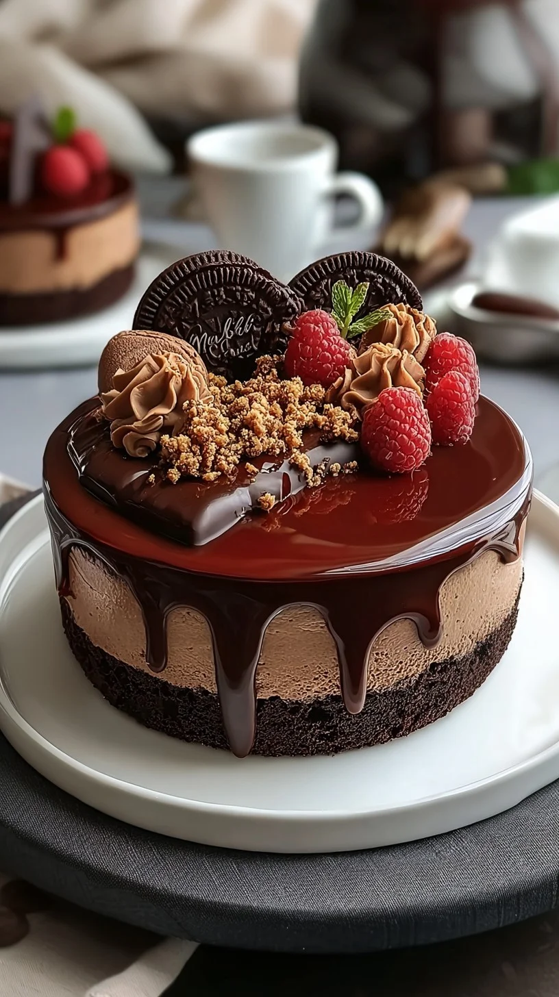 Three-tier chocolate mousse drip cake with glossy ganache, raspberries, chocolate shards, and gold leaf on a marble background.