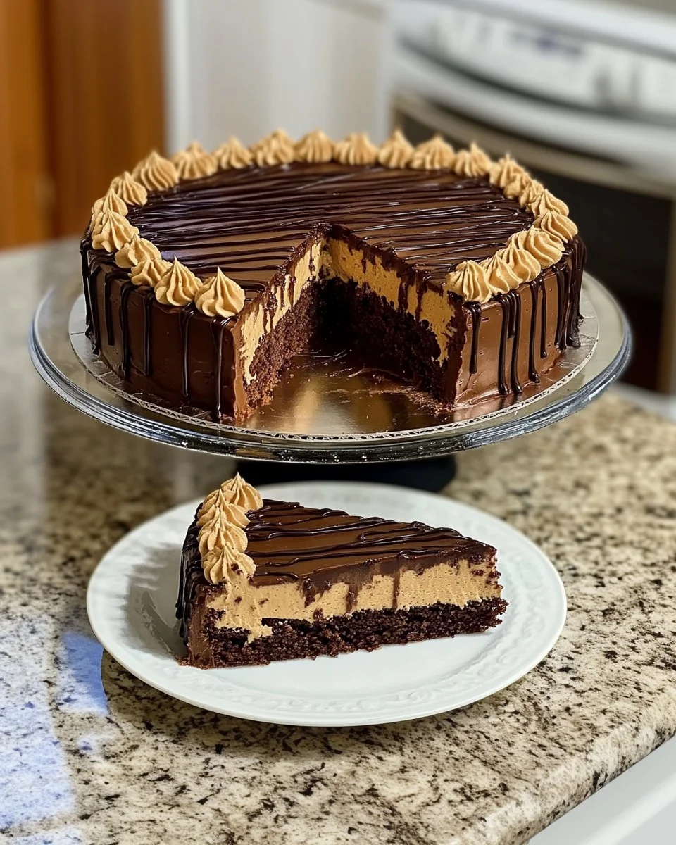 Three-tier chocolate mousse drip cake with dark ganache drip and fresh raspberries