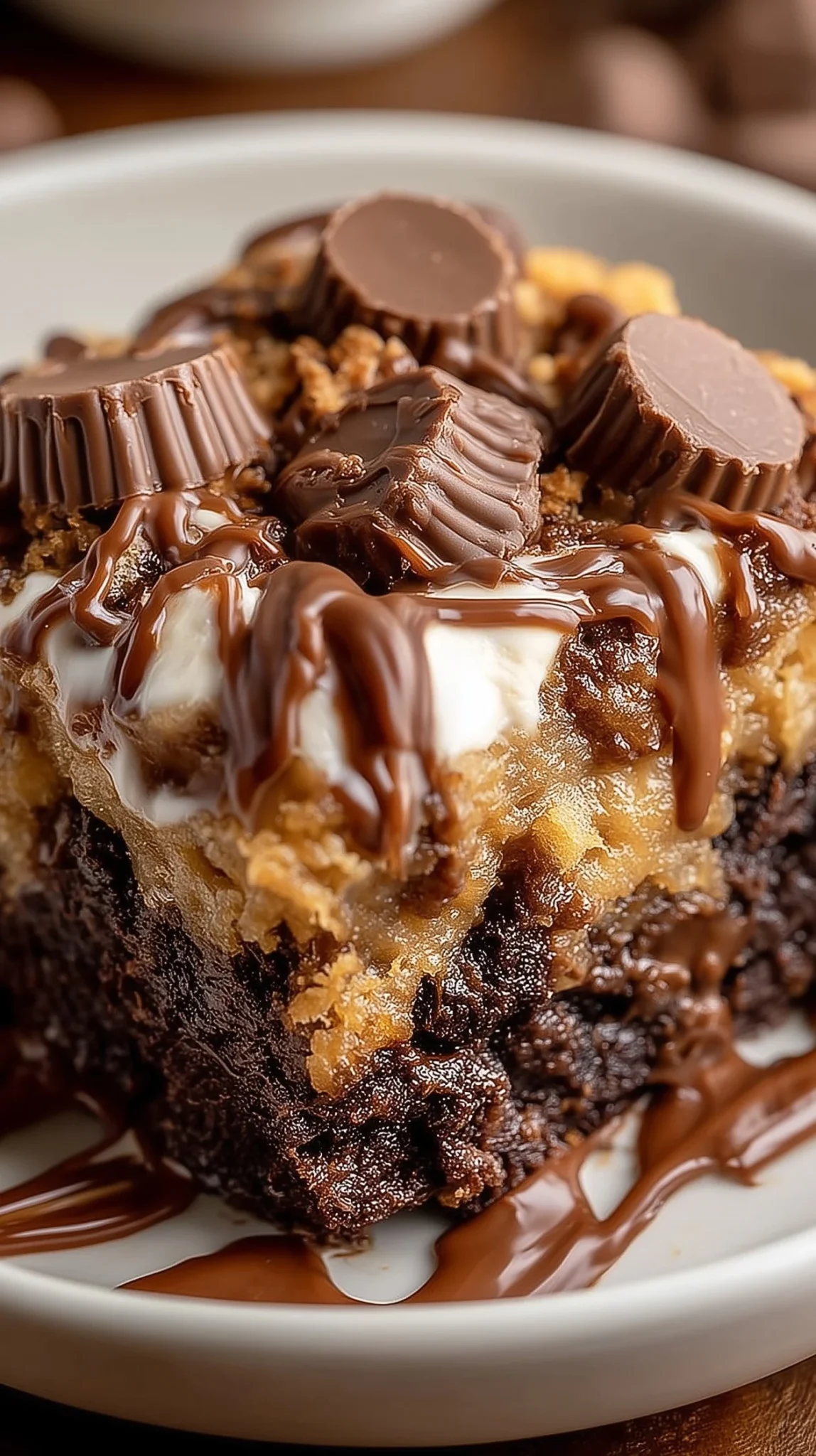 Close-up of a cracked chocolate peanut bomb with creamy peanut butter filling and chopped peanuts.