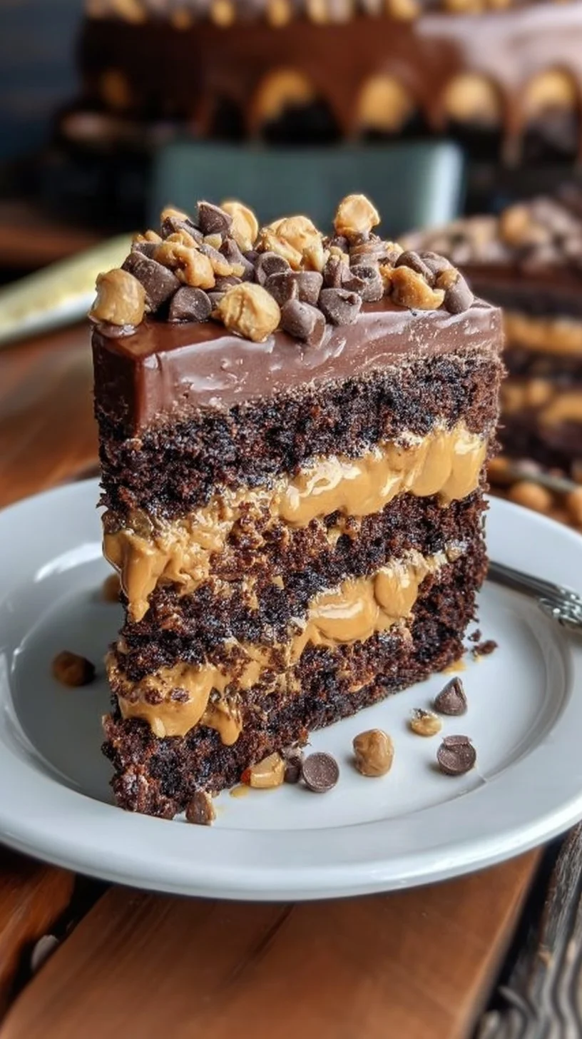 Indulgent chocolate peanut butter fudge cake crowned with peanut butter cups. Chocolate peanut butter fudge cake with peanut butter fudge layers, chocolate ganache drizzle, shavings, and peanut butter cups