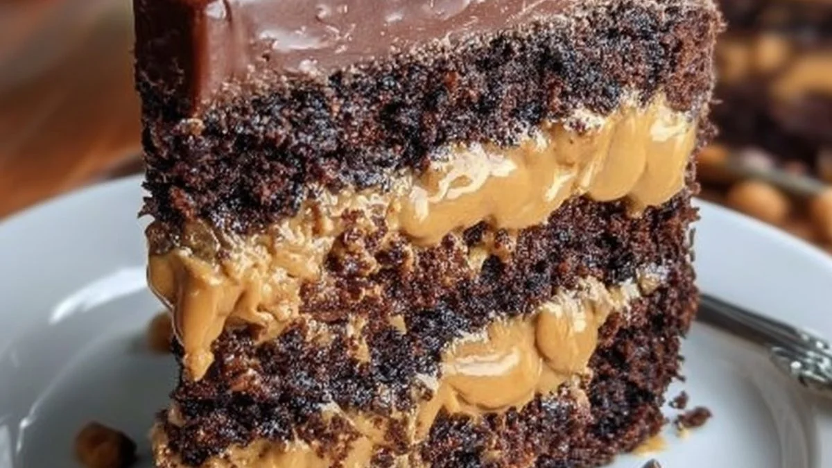 Chocolate Peanut Butter Fudge Cake 2 A slice of Chocolate Peanut Butter Fudge Cake with rich chocolate ganache and creamy peanut butter drizzle on a rustic plate.