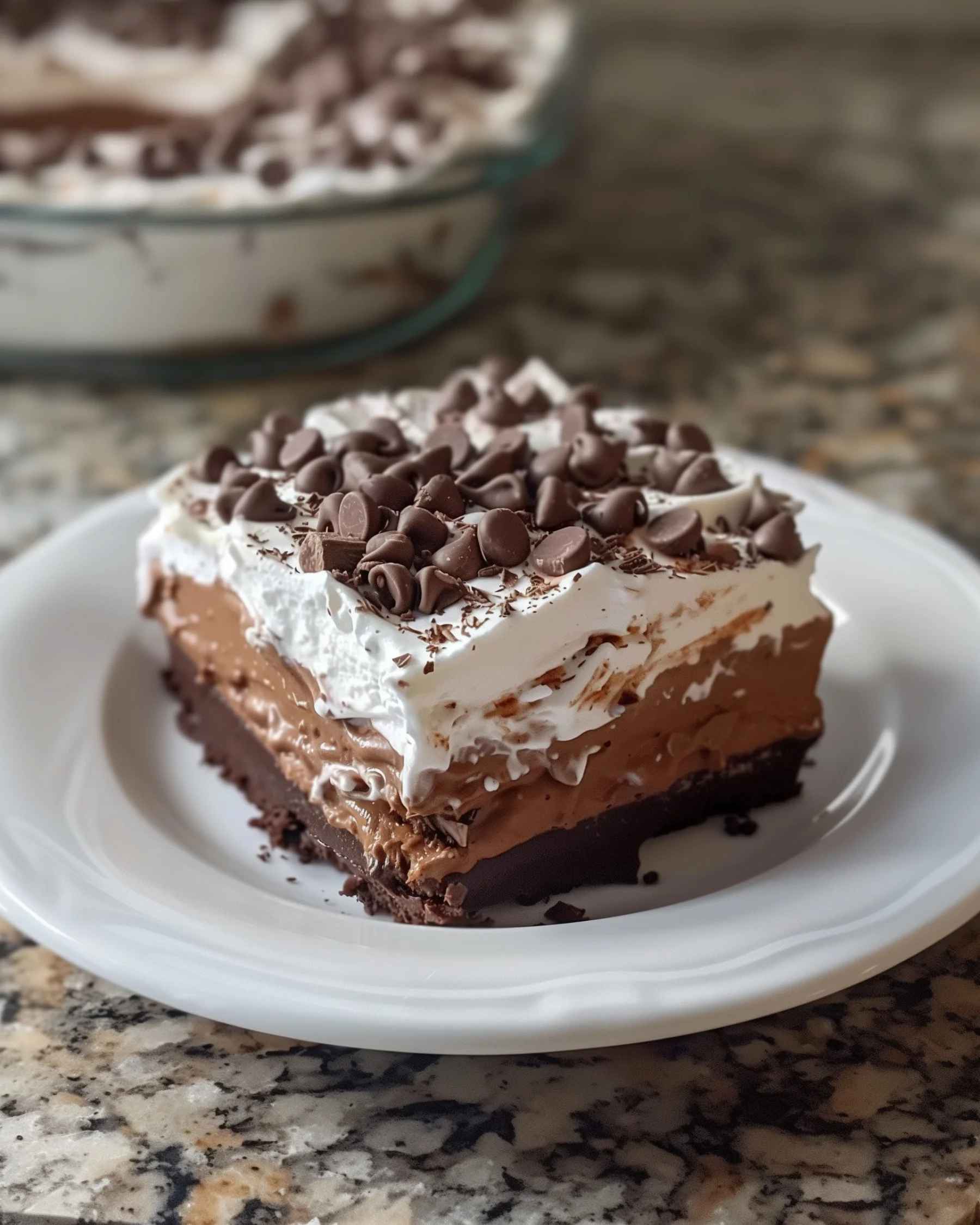 A porcelain bowl of creamy chocolate pudding topped with whipped cream, chocolate shavings, fresh raspberries, and a mint sprig on a wooden table.