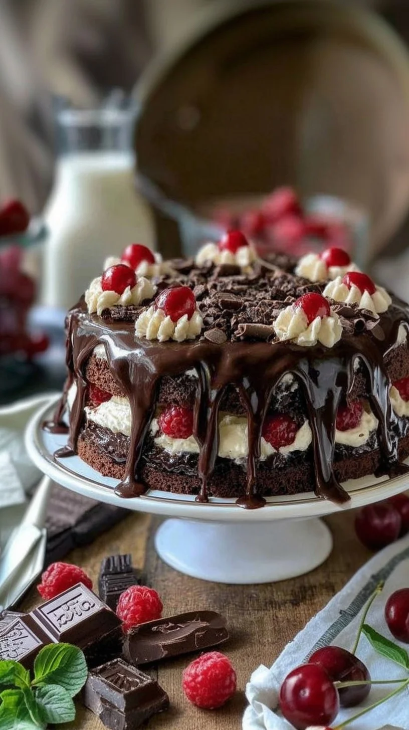Three-layer chocolate cake with pink raspberry cream drip, fresh raspberries, chocolate curls, and gold leaf on a cake stand.