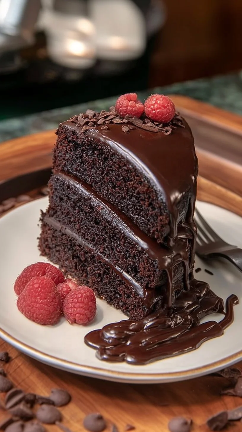 Rich chocolate raspberry ganache cake ready to indulge. Close-up of a three-layer chocolate raspberry ganache cake with glossy ganache dripping, topped with fresh raspberries on a wooden board.