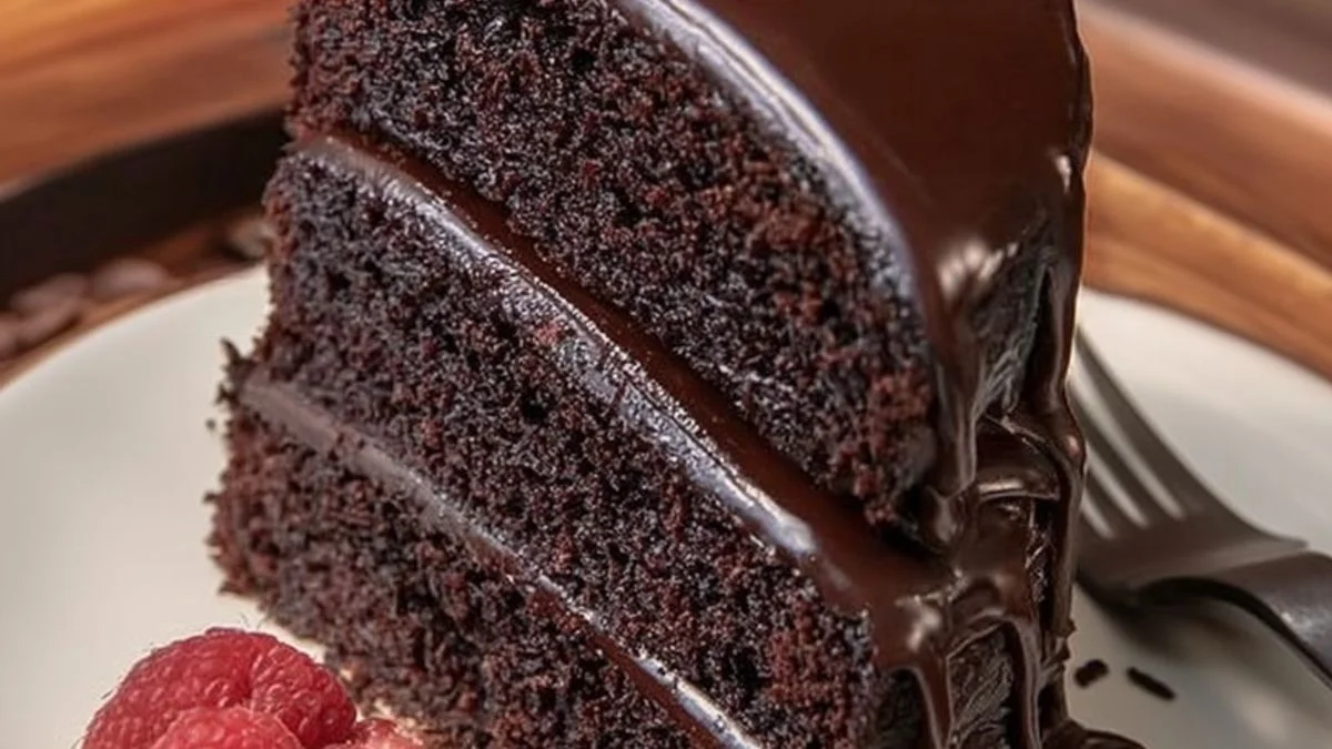 Chocolate Raspberry Ganache Cake 2 Close-up of Chocolate Raspberry Ganache Cake with glossy chocolate ganache and fresh raspberries on a wooden table.