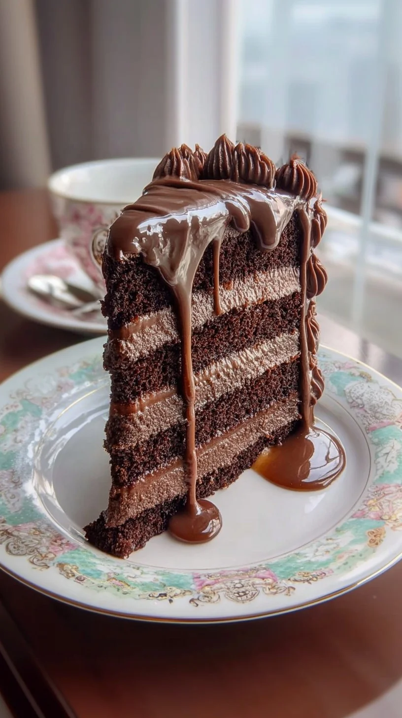 A decadent three-layer chocolate mousse cake garnished with fresh raspberries and gold leaf. Three-layer chocolate mousse cake with glossy ganache, topped with raspberries and gold leaf on a wooden table.