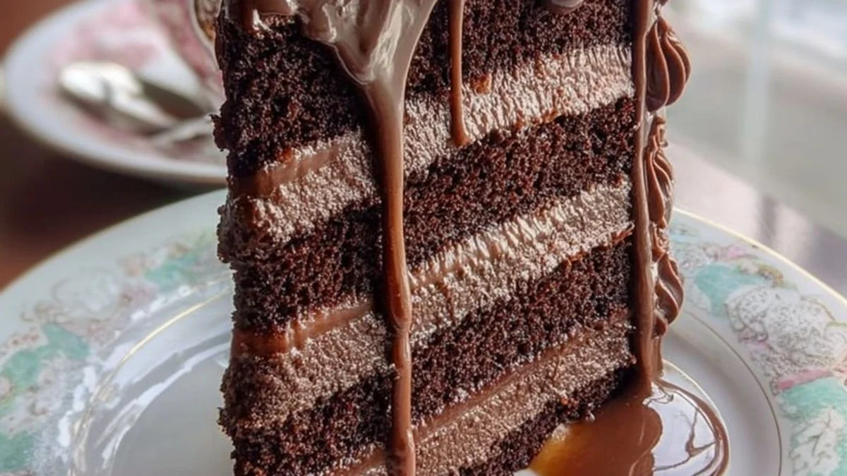 Chocolate Triple Mousse Layer Cake 2 A three-tiered Chocolate Triple Mousse Layer Cake topped with chocolate curls and fresh raspberries on a wooden table.