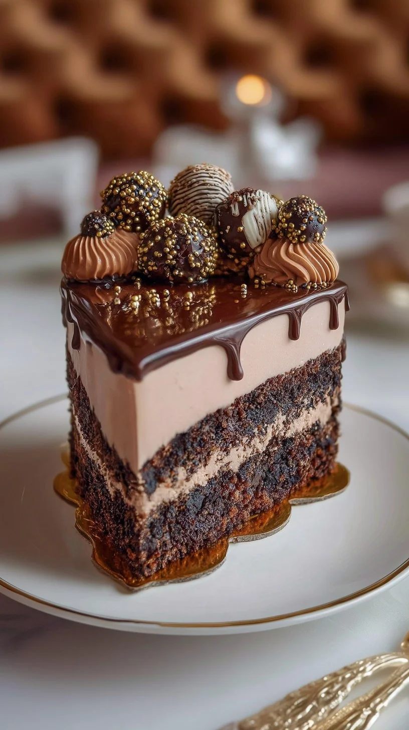 Chocolate truffle mousse cake with chocolate ganache, truffle shavings, and gold leaf.