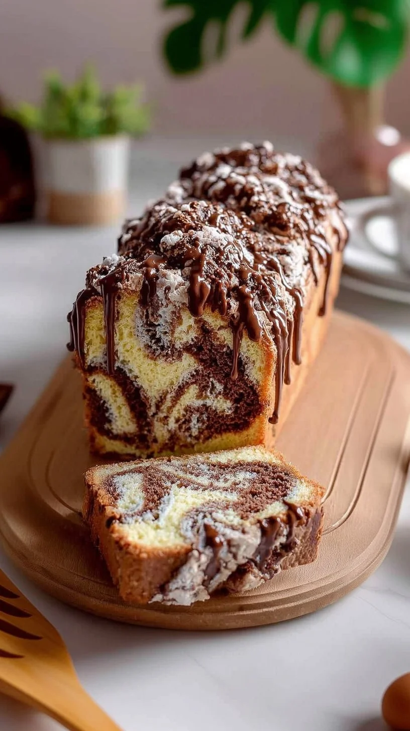 Sliced chocolate vanilla marble loaf cake ready to serve. Sliced chocolate vanilla marble loaf cake on a wooden cutting board showing swirled pattern.