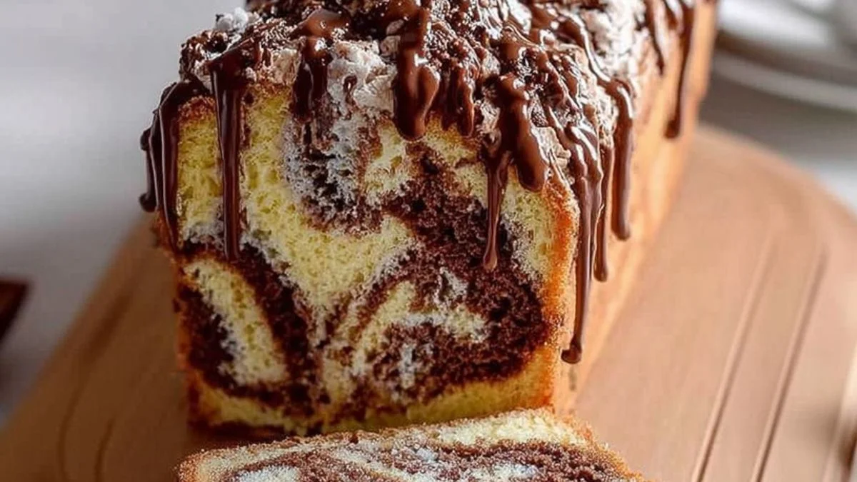 Chocolate Vanilla Marble Loaf Cake 2 A freshly sliced Chocolate Vanilla Marble Loaf Cake showcasing rich chocolate and creamy vanilla swirls on a wooden board.