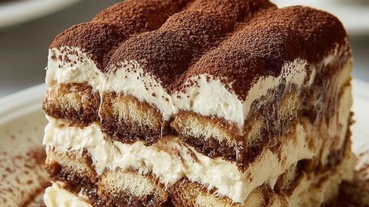 Classic Italian Tiramisu 2 A slice of Classic Italian Tiramisu with layers of mascarpone and cocoa dusting on a wooden plate.