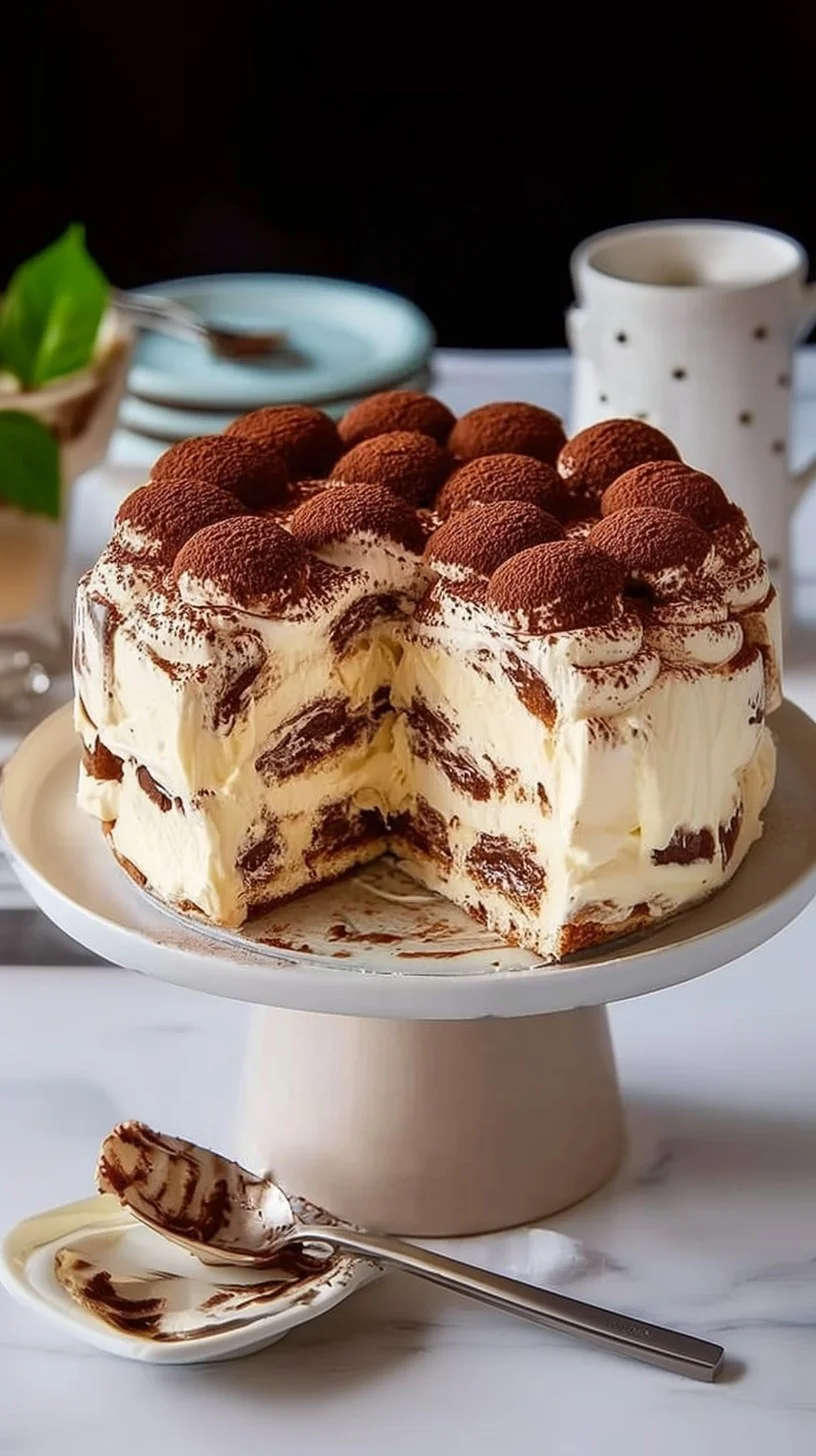 Slice of classic tiramisu cake with layers of mascarpone and espresso-soaked ladyfingers dusted with cocoa and topped with chocolate shavings.