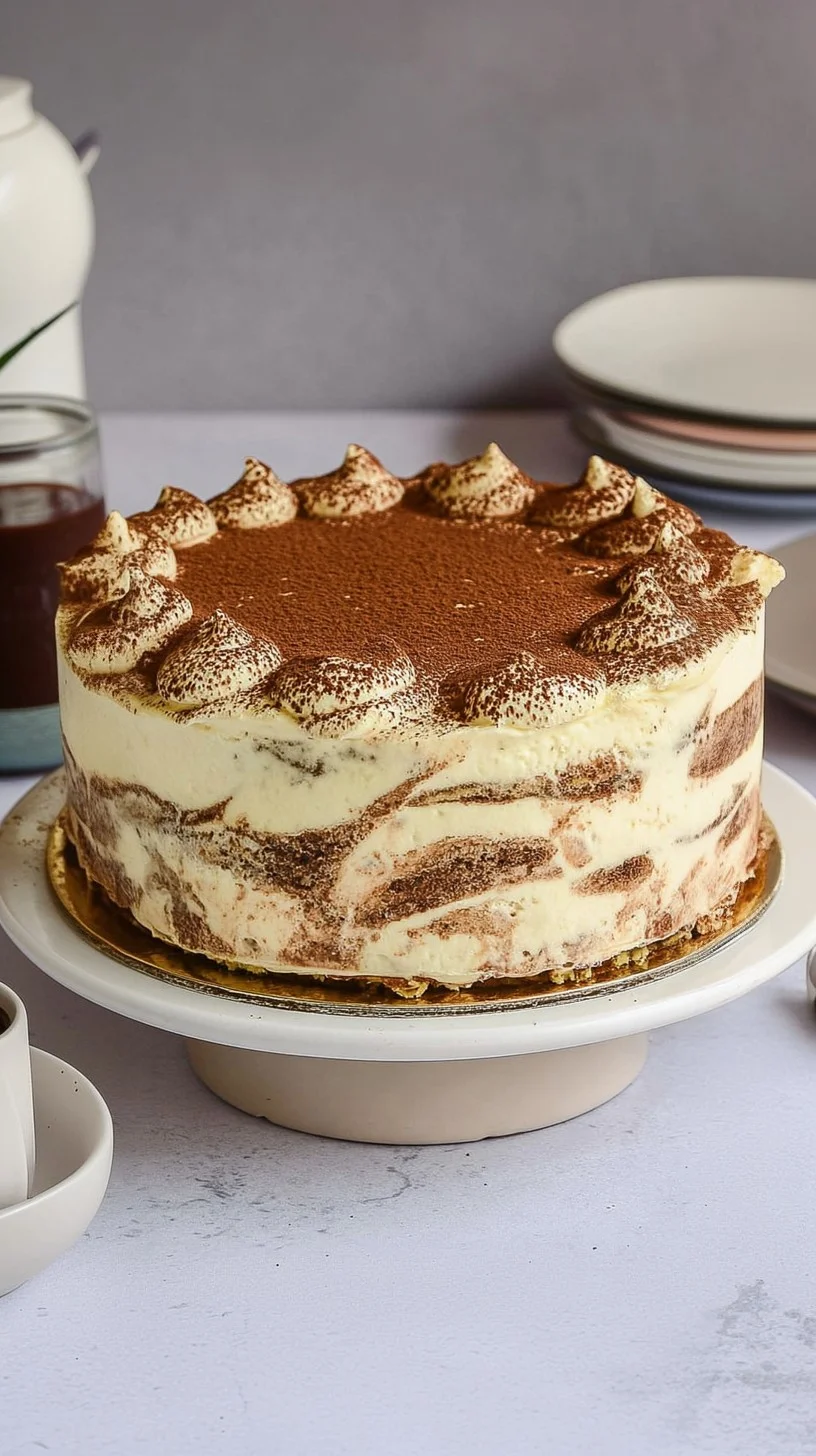 A decadent slice of classic tiramisu cream cake dusted with cocoa. Slice of classic tiramisu cream cake with espresso-soaked layers, mascarpone cream, and cocoa powder dusting.