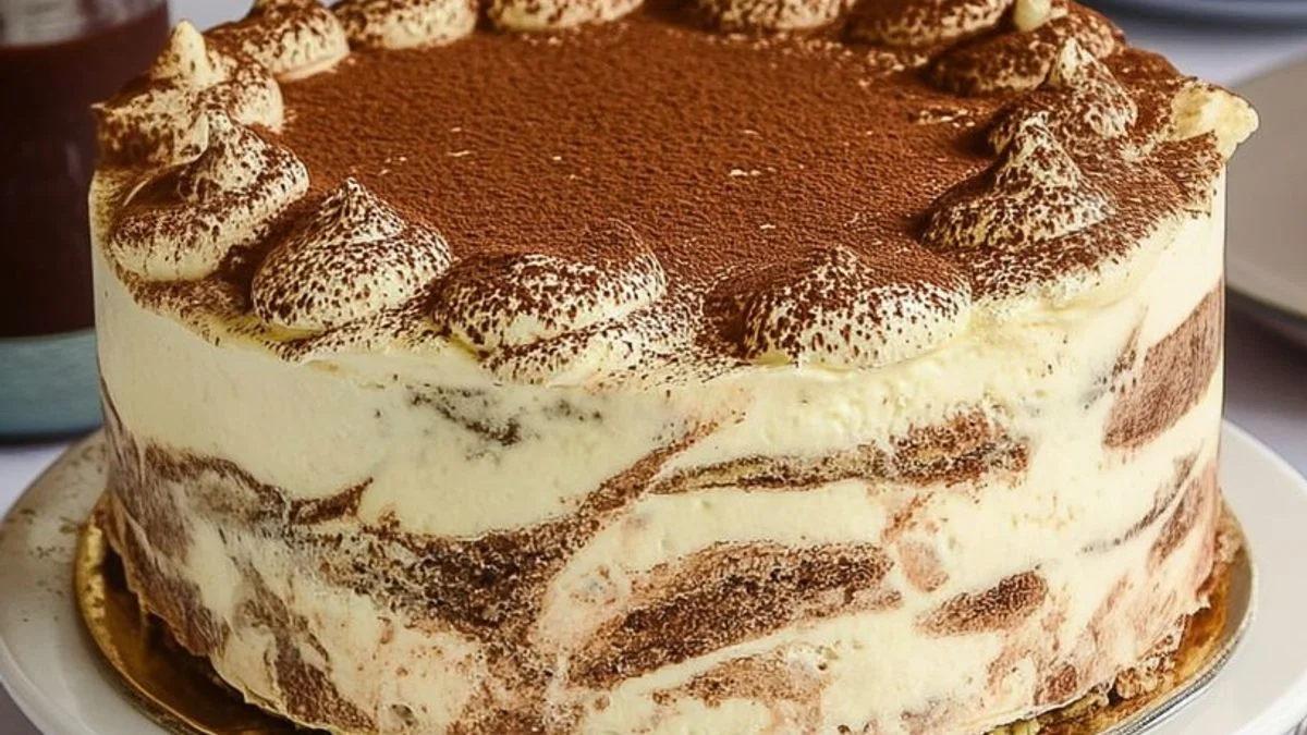 Classic Tiramisu Cream Cake 2 A slice of Classic Tiramisu Cream Cake with layers of coffee-soaked sponge and mascarpone cream, dusted with cocoa powder.