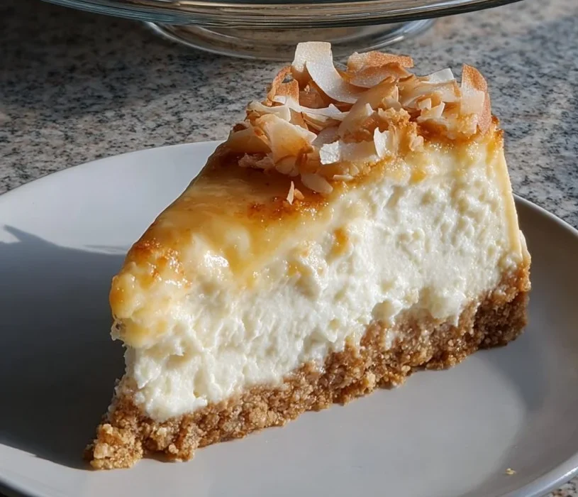 Creamy coconut cheesecake slice with toasted coconut flakes on a wooden board.