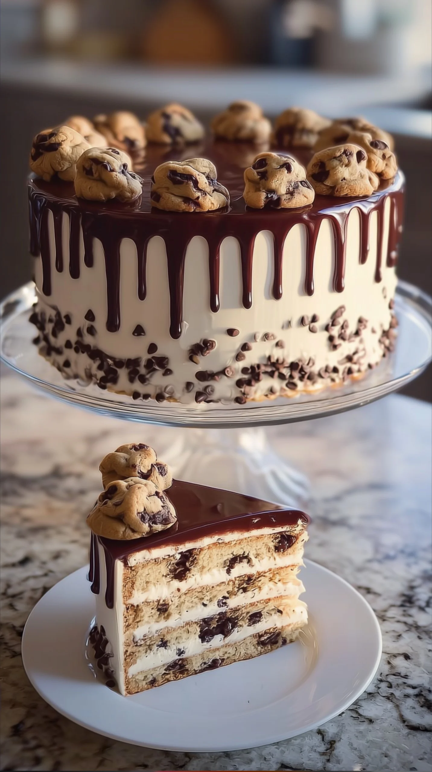 Three-tiered vanilla drip cake with cookie dough glaze dripping down and cookie dough chunks on top