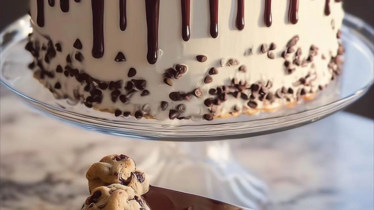 Close-up of a decadent Cookie Dough Drip Cake topped with chocolate ganache drip and cookie dough pieces.