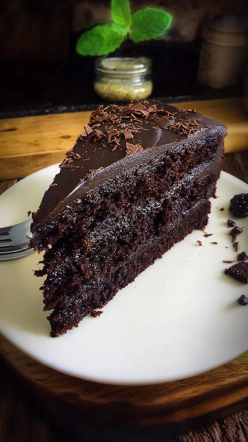 Slice of dark chocolate fudge cake with glossy chocolate ganache and chocolate shavings on a wooden board.