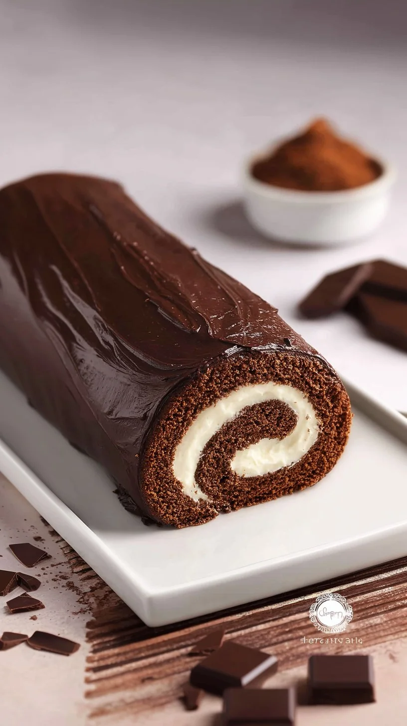 A decadent fudge chocolate roll dusted with powdered sugar. Sliced fudge chocolate roll with moist chocolate sponge and creamy fudge filling dusted with powdered sugar.