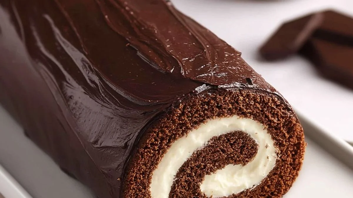 Fudge Chocolate Roll 2 A decadent slice of Fudge Chocolate Roll with rich chocolate swirls and glossy ganache on a wooden board.