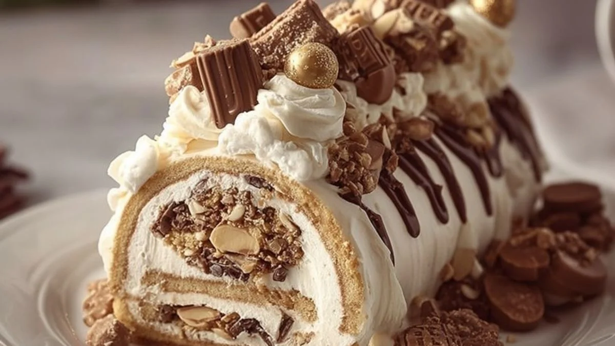 Hazelnut Chocolate Cream Roll Cake 2 Close-up of Hazelnut Chocolate Cream Roll Cake slice with chocolate swirl and chopped hazelnuts on a wooden board