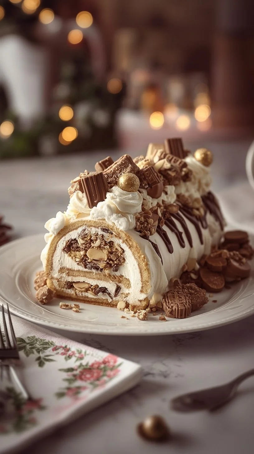 A slice of hazelnut chocolate cream roll cake with rich swirls and crunchy hazelnuts. Close-up of sliced hazelnut chocolate cream roll cake with chopped hazelnuts and chocolate drizzle