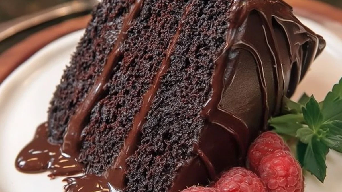 Molten Chocolate Slice 2 Gooey Molten Chocolate Slice on a rustic slate board with fresh raspberries and a dusting of powdered sugar.