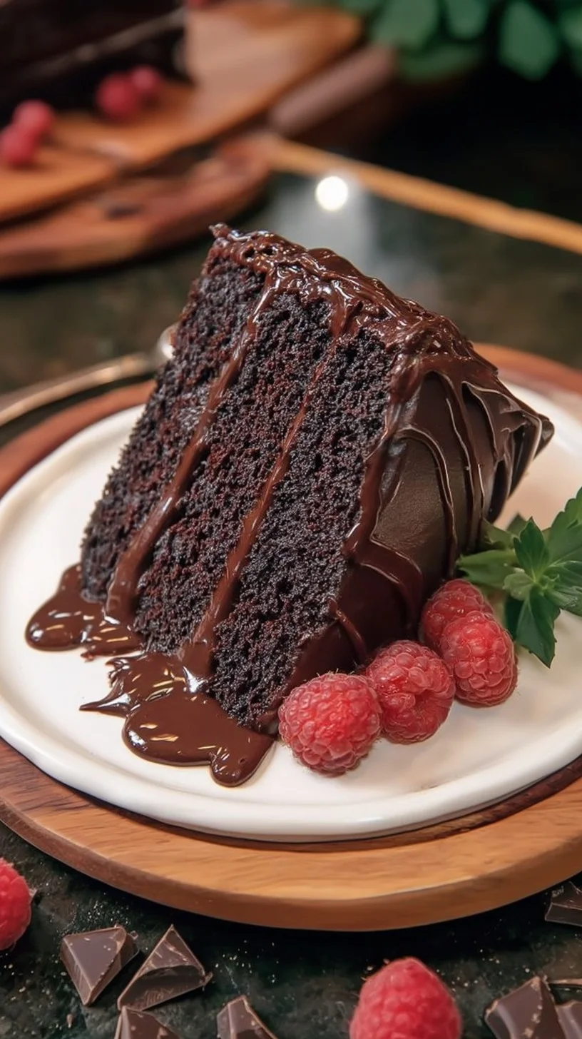 A decadent molten chocolate slice oozes a warm, gooey center. Close-up of a molten chocolate slice oozing a warm, gooey center on a wooden board.
