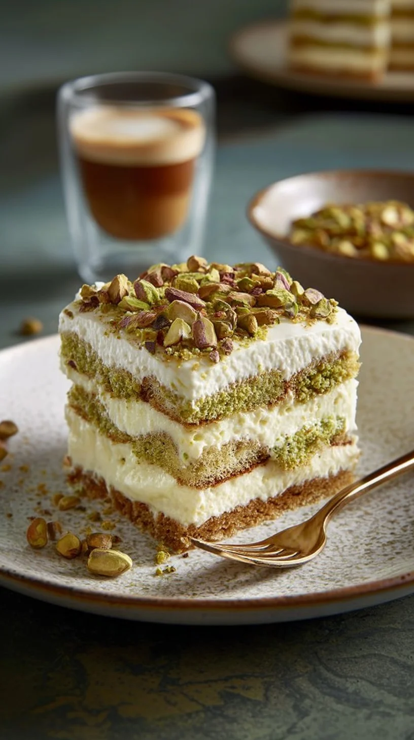 Three glass cups of pistachio cream layered dessert with whipped cream and chopped pistachios on a marble surface.