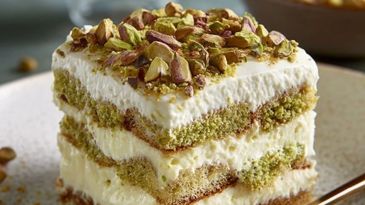 Close-up of Pistachio Cream Layered Dessert in a glass with green pistachio cream and crunchy almond crumble layers