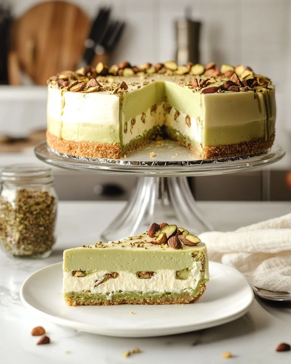Slice of pistachio dream cake with green frosting and crushed pistachios on a white plate