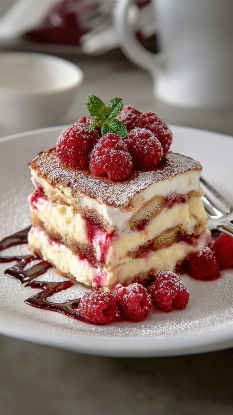 Close-up of raspberry tiramisu with layers of mascarpone cream, raspberry-soaked sponge cake, fresh raspberries, cocoa powder dusting, and mint garnish.