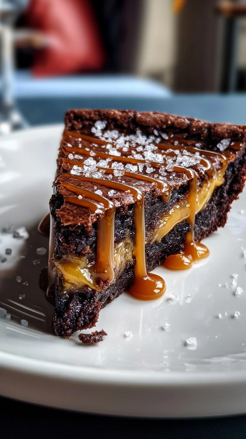 A fudgy chocolate brownie slice topped with glossy caramel drizzle and sea salt on a rustic board.
