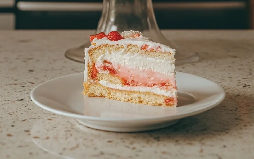 Glass parfait of whipped cream and sliced strawberries garnished with a whole strawberry and mint on a white wooden table.