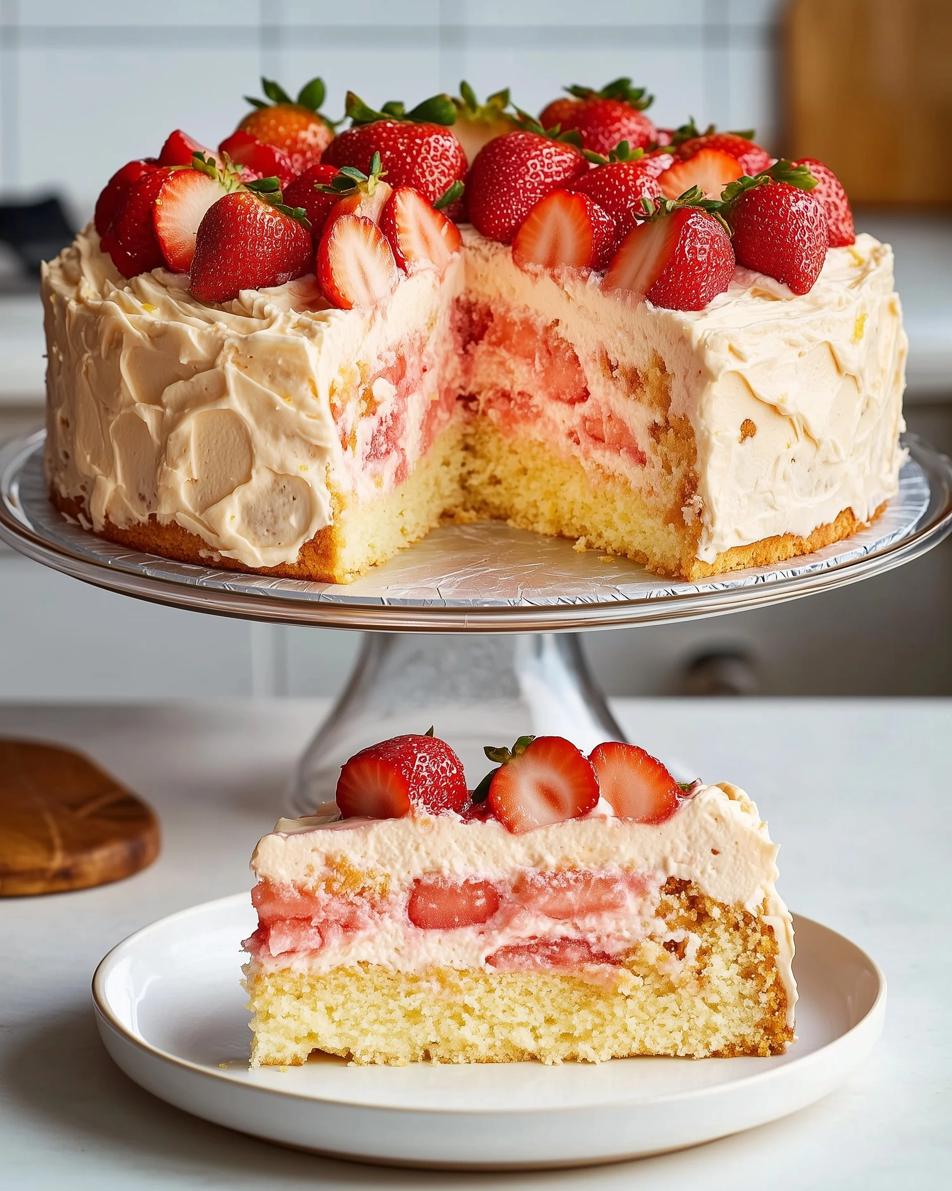 Three-tier strawberry shortcake cream cake on white stand with fresh strawberries and whipped cream.