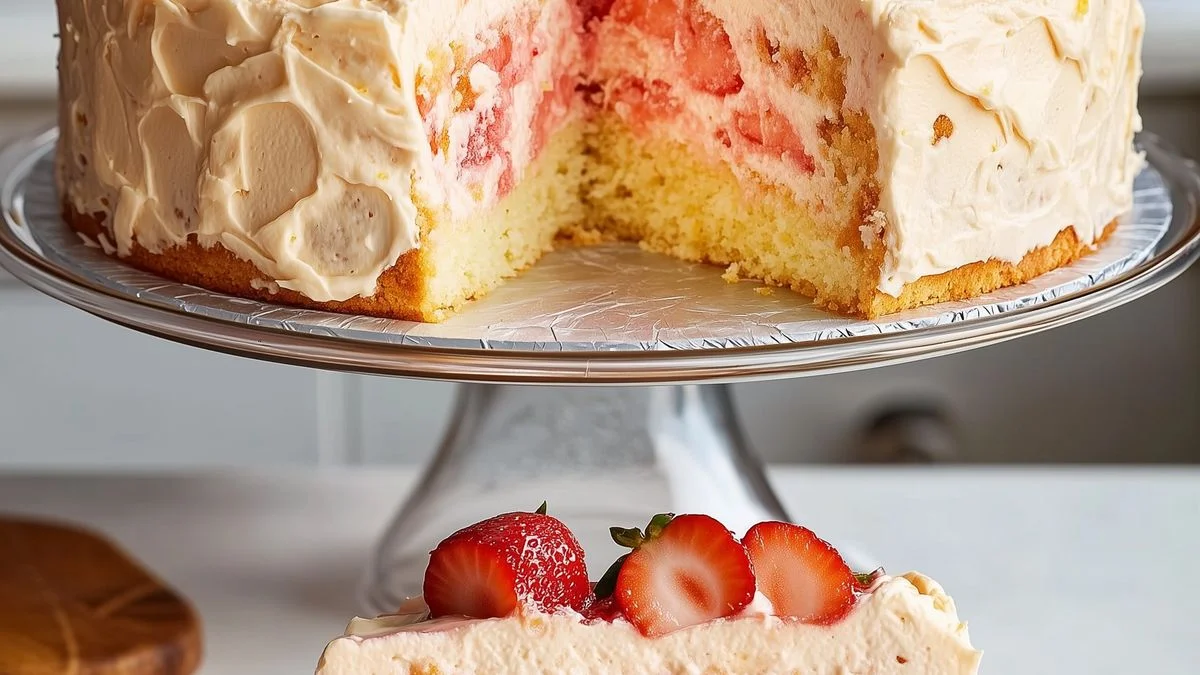 Close-up of a Strawberry Shortcake Cream Cake with layers of vanilla sponge, whipped cream, and fresh strawberries on a rustic table.