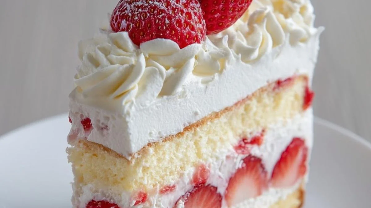 A three-layer Strawberry Shortcake Cream Layer Cake with whipped cream and fresh strawberry slices on a white cake stand.