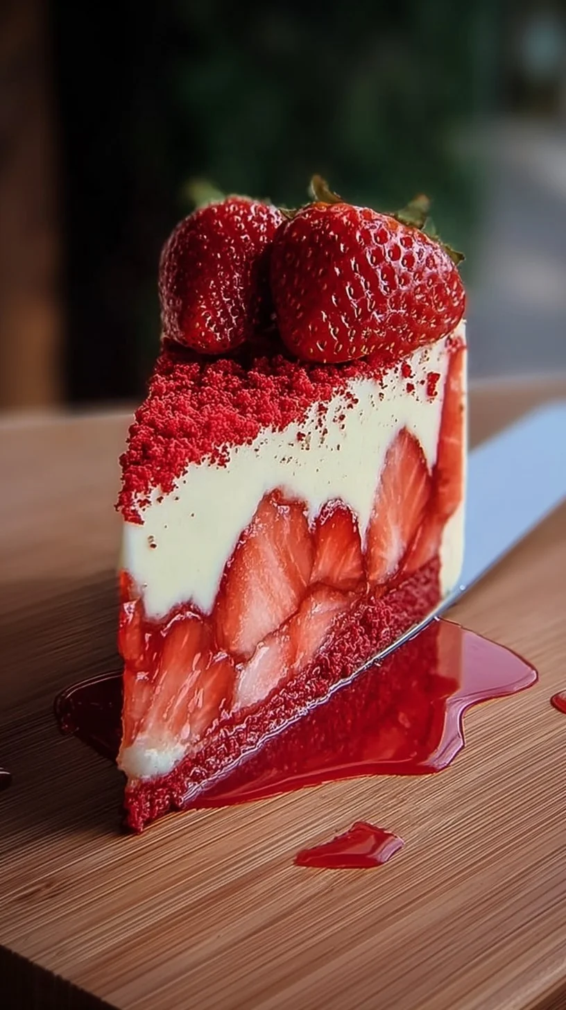 Elegant strawberry velvet cake garnished with fresh berries and rose petals. Three-layer pink strawberry velvet cake with cream cheese frosting topped with fresh strawberries and rose petals.