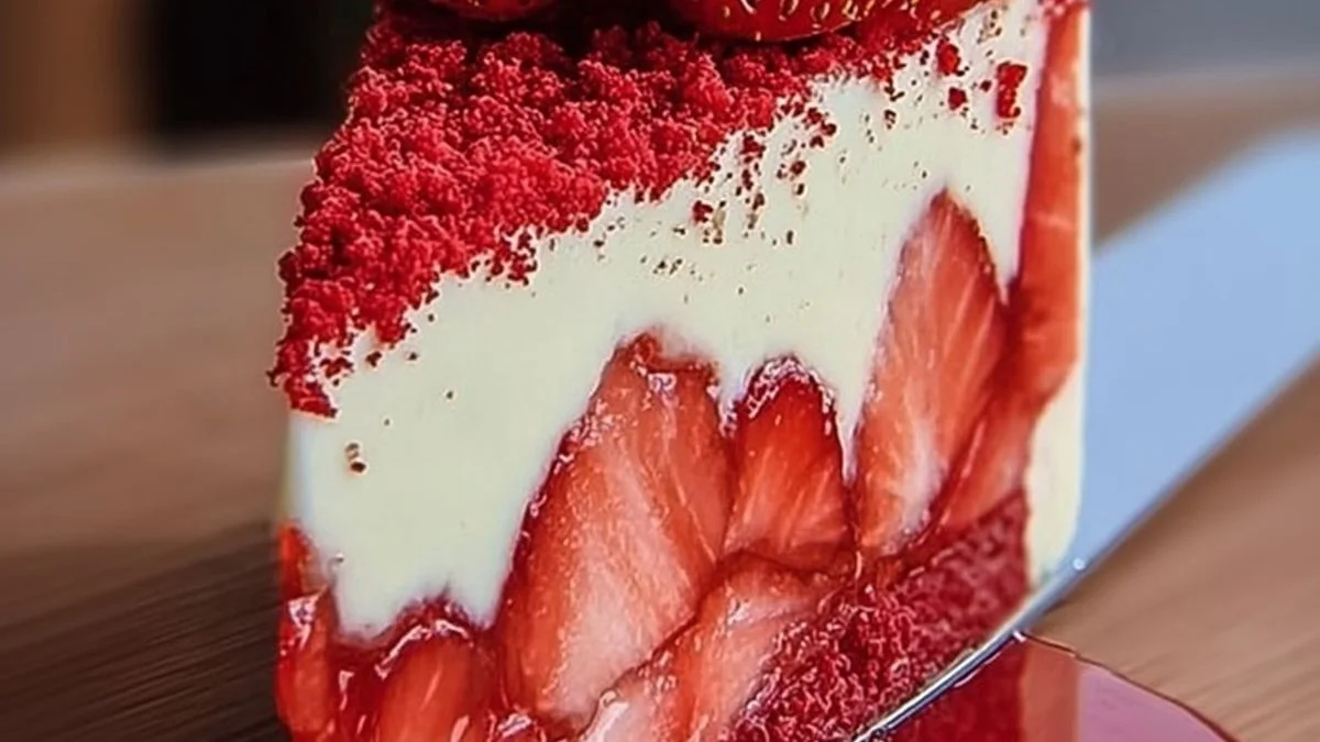 Strawberry Velvet Elegance 2 A slice of Strawberry Velvet Elegance cake with pink velvet layers, cream cheese frosting, and fresh strawberries.