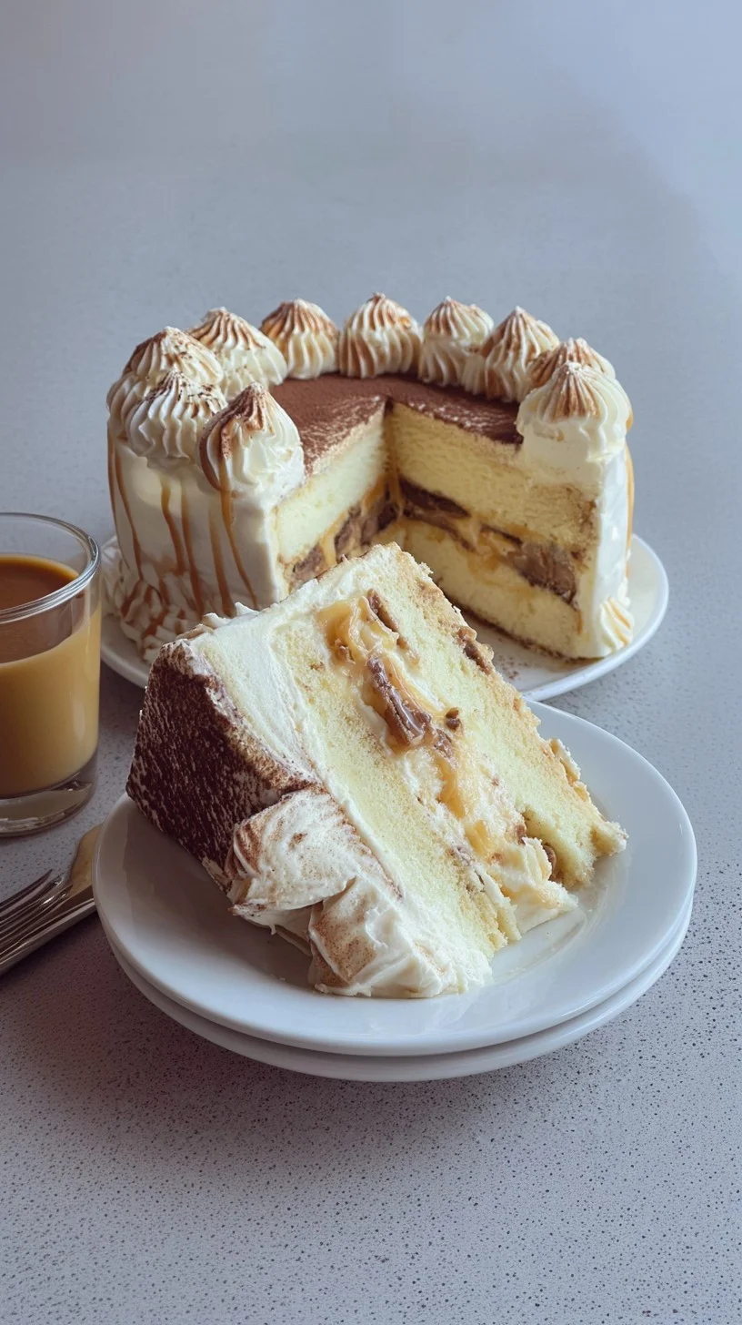 A slice of tiramisu caramel swirl cake showing layers of espresso-soaked ladyfingers, mascarpone cream, and caramel drizzle